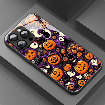 Halloween Pumpkin Glass Phone Case – Festive Pattern Cover for iPhone 7 to 17 Pro Max Series