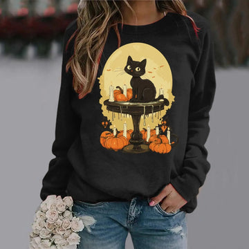 Women's Halloween Cat & Pumpkin Print Shirt – Long Sleeve Casual Hoodie Top