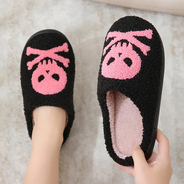 Punk Pink Skull Halloween Slippers – Warm Plush Indoor Slides for Women