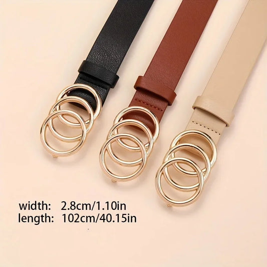 Women's PU Leather Belt – Golden Triple Ring Buckle, Minimalist Design & Everyday Versatility