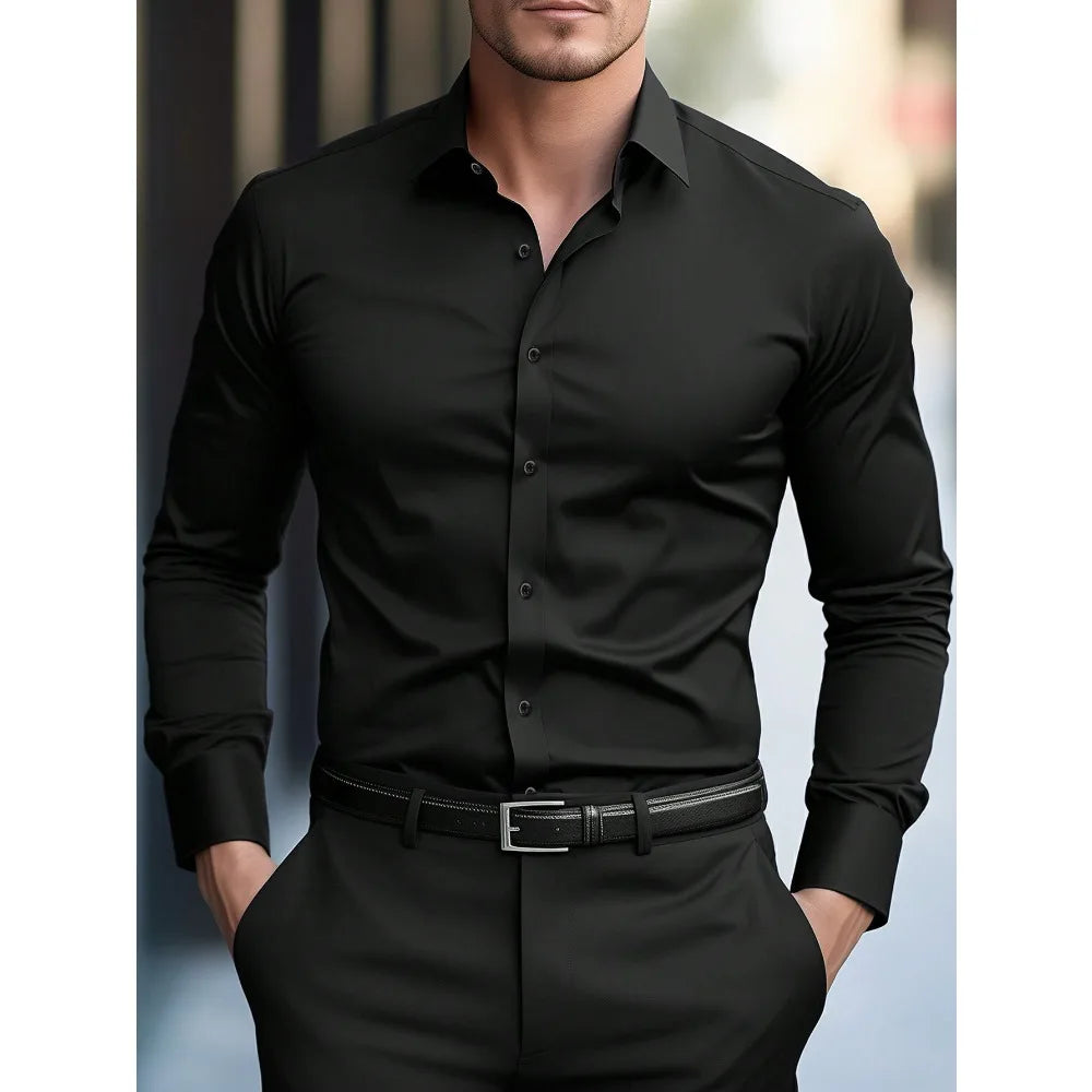 Men's Long Sleeve Shirt – Solid Color, Stretch Fabric & Everyday Comfort