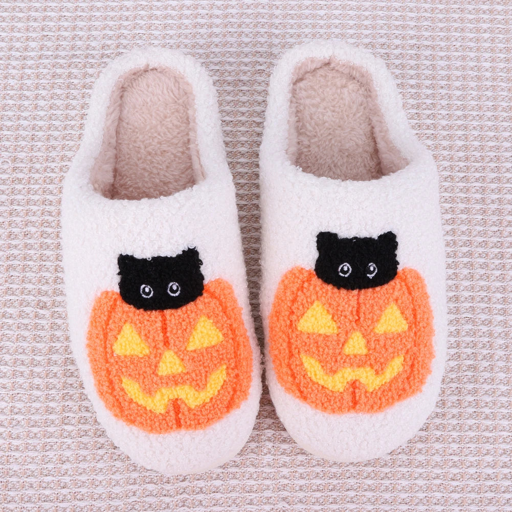 Halloween Plush Slippers – Cozy Pumpkin Cat Pattern Indoor Shoes with Anti-Slip Sole