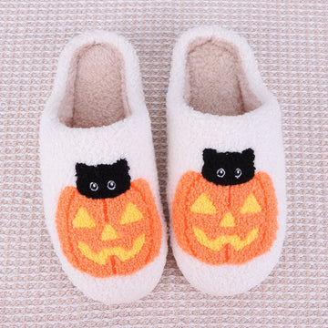 Halloween Plush Slippers – Cozy Pumpkin Cat Pattern Indoor Shoes with Anti-Slip Sole