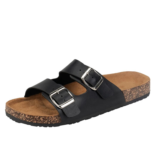 Luxury Leather Cork Sandals – Unisex Summer Slides with Classic Buckle & Ergonomic Comfort