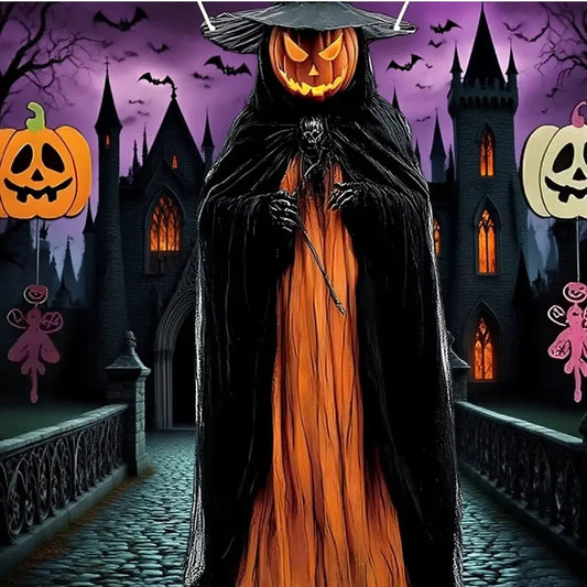 Evil Pumpkin Man Backdrop – 2D Hanging Halloween Cloth for Indoor & Outdoor Horror Decor