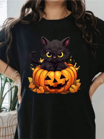 Halloween Black Cat & Pumpkin T-Shirt – Funny Spooky Print for Women