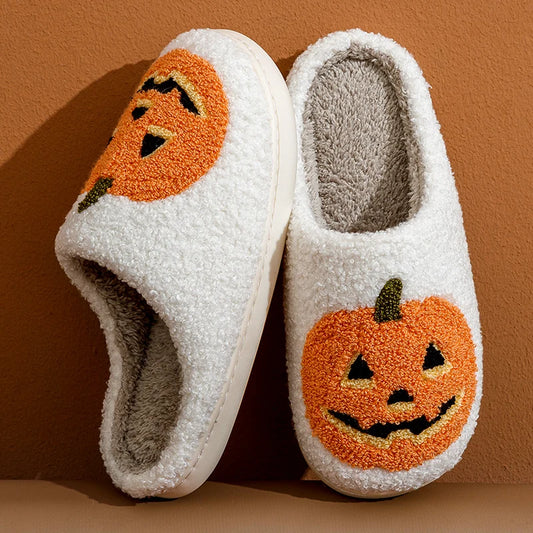 Classic Halloween Pumpkin Slippers – Soft Plush Indoor Flats for Women
