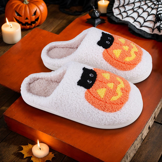 Halloween Plush Slippers – Cozy Pumpkin Cat Pattern Indoor Shoes with Anti-Slip Sole