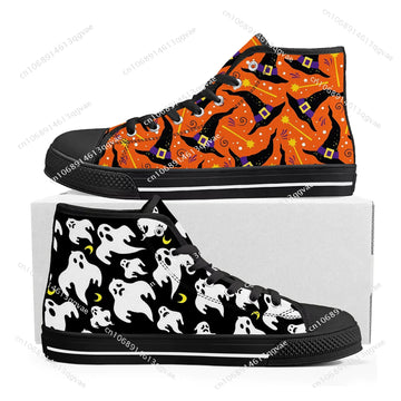 Halloween Pumpkin High-Top Sneakers – Custom Black Canvas Shoes for Men, Women & Teens