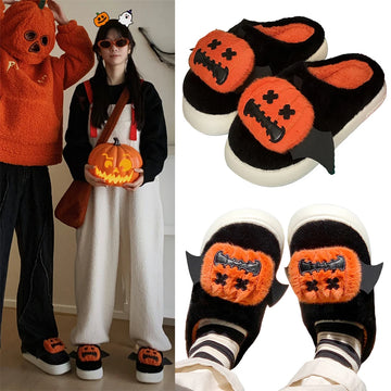 Halloween Pumpkin Clown Slippers – Black Fuzzy Cozy Indoor Shoes for Women