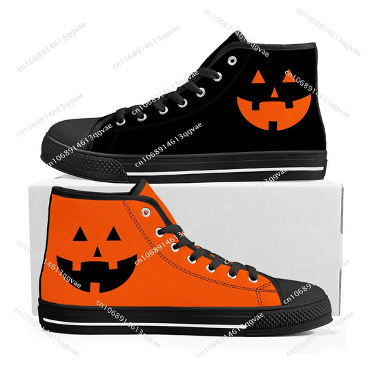 Halloween Pumpkin High-Top Sneakers – Custom Black Canvas Shoes for Men, Women & Teens