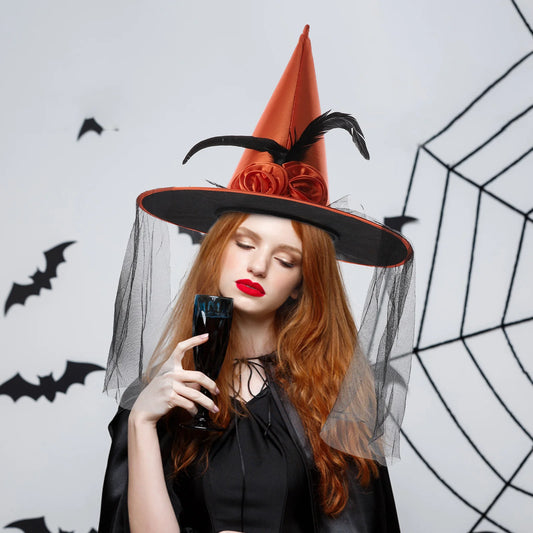 Halloween Witch Hat Party Decoration – Orange Mesh Polyester for Adults