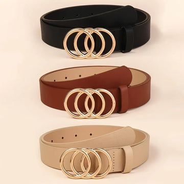 Women's PU Leather Belt – Golden Triple Ring Buckle, Minimalist Design & Everyday Versatility