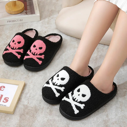 Punk Pink Skull Halloween Slippers – Warm Plush Indoor Slides for Women