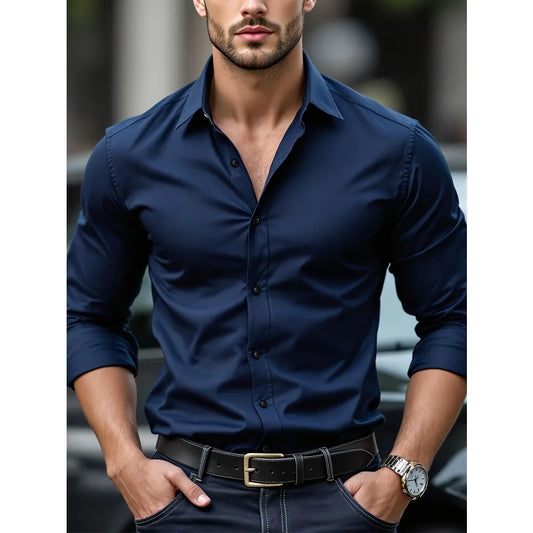 Men's Long Sleeve Shirt – Solid Color, Stretch Fabric & Everyday Comfort