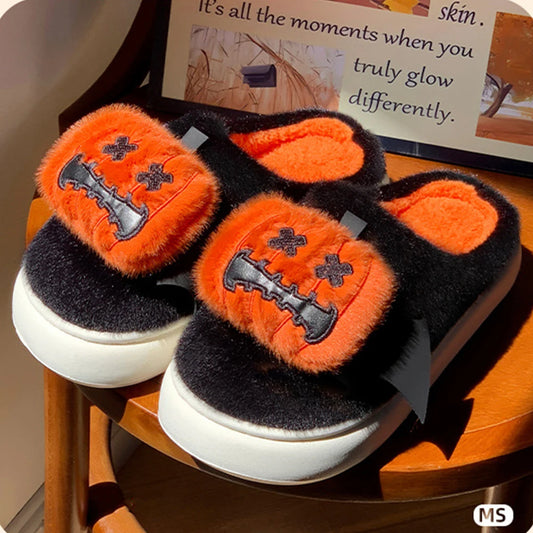 Halloween Pumpkin Clown Slippers – Black Fuzzy Cozy Indoor Shoes for Women