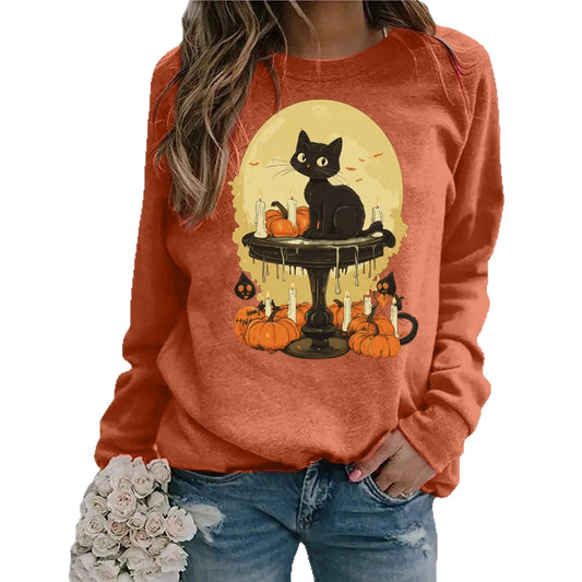 Women's Halloween Cat & Pumpkin Print Shirt – Long Sleeve Casual Hoodie Top